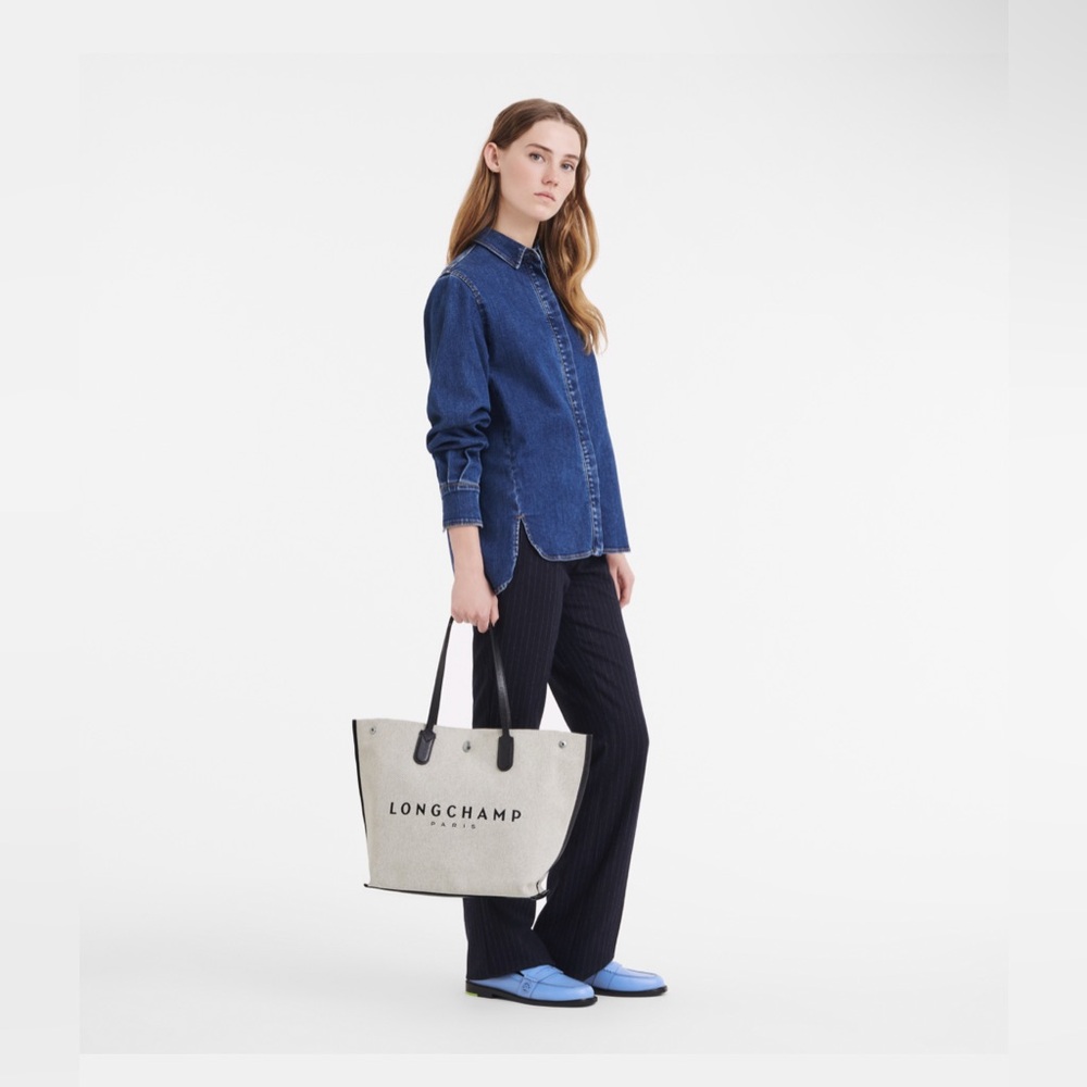 LONGCHAMP Essential L Canvas Tote Bag - Ecru/Black - NWT - Picture 4 of 5